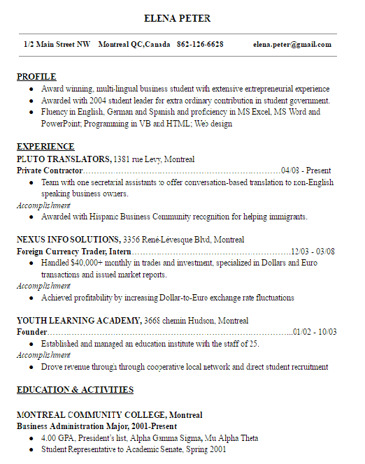 Resume Format Example 1